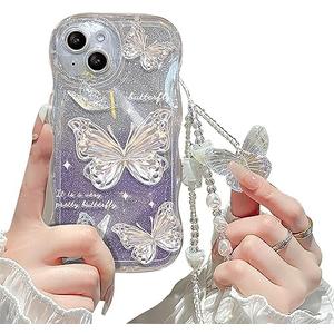 Cutecasee Compatible with iPhone 12 Pro Max Case for Women/Girls, Cute Butterfly Glitter Bling with Bracelets Anti-Scratch Shockproof Case for iPhone 12 Pro Max, Purple with Bracelets