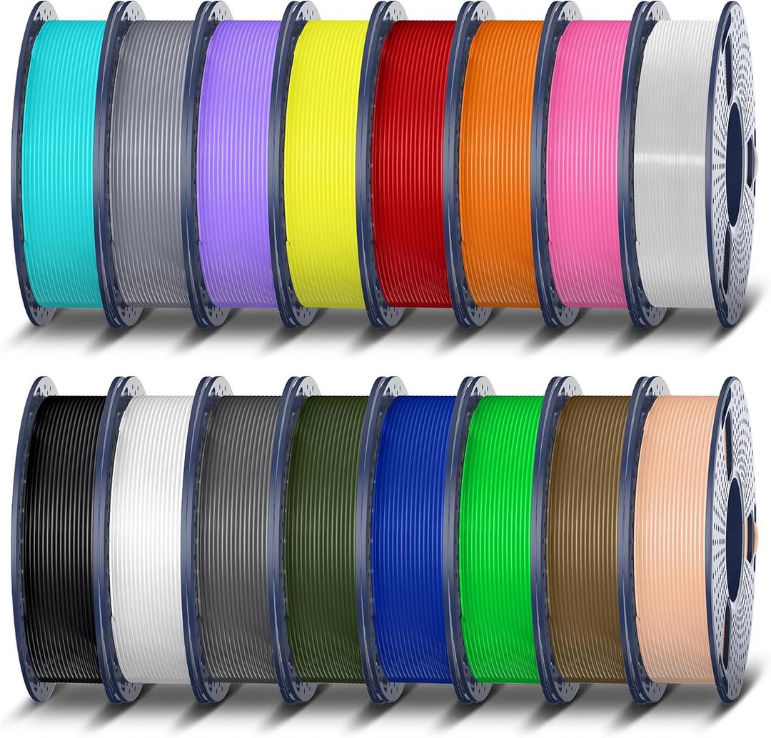TECBEARS PETG Filament Bundle, 250g/Spool, 16 Color, 4kg in Total, Black+White+Gray+Olive Green+Red+Pink+Orange+Blue+Cyan+Green+Yellow+Beige+Purple+Transparent+Coffee+Sliver