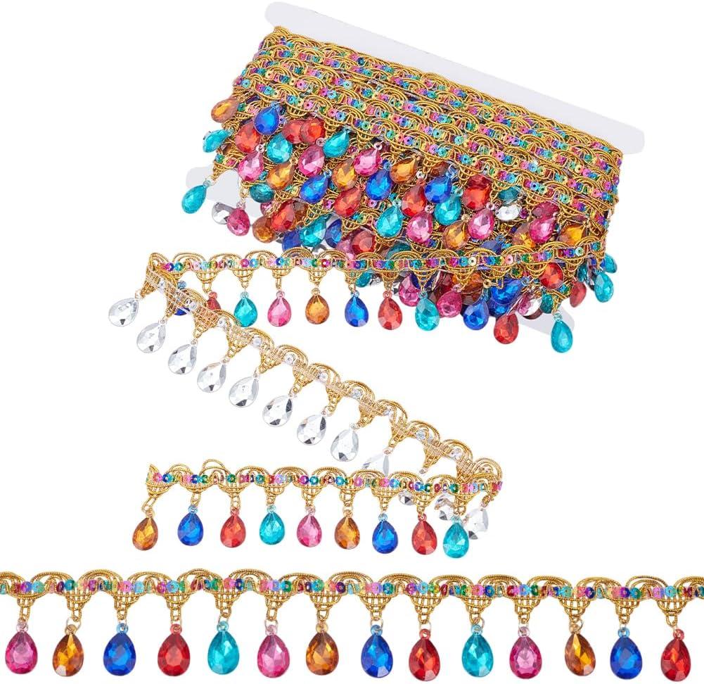 OLYCRAFT 10 Yard Sequins Ribbon with Colorful Rhinestone 1.6 Inch Width Beaded Tassel Fringe Trim Sequin Tassel Trim Gold Braid Fringe Lace Ribbon Rhinestone Braided Ribbons for Clothes DIY Home Decor