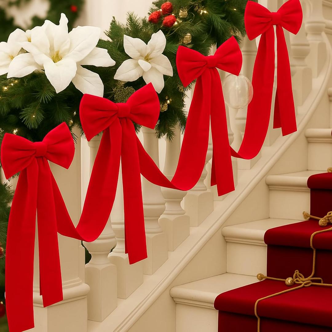 Civaner 16.4 ft Christmas Velvet Bow Garland Staircase Decorations with 6 Pcs 27.5 Inch Large Bow for Stair Railing Fireplace Fence Mantle Holiday Decor Xmas Indoor Outdoor(Red)