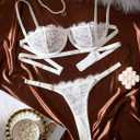 Lilosy Sexy Eyelash Underwire Floral Lace Sheer O Ring Linked Cutout Lingerie Set 2 Piece (White), Medium