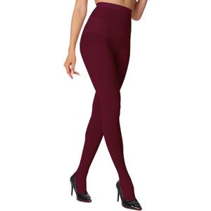 MERYLURE 240D Tights for Women, Opaque Soft High Waist Control Top Pantyhose Solid Color Footed Stockings Colorful Nylon (Medium, Wine Red)