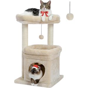 PEQULTI Cat Tree Cat Tower for Indoor Cats with Private Cozy Cat Condo, Natural Sisal Scratching Posts and Plush Pom-pom for Small Cats,Beige (27 inch Sleeping Tree)