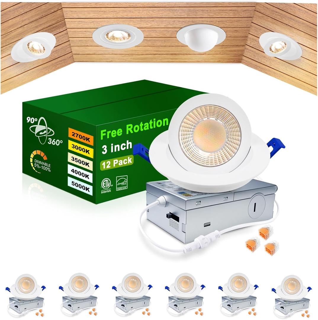 zouzai 3 Inch 5CCT Gimbal Led Recessed Lighting with Junction Box, 2700K/3000K/3500K/4000K/5000K Selectable, 7W Eqv 80W, 360+90 Adjustable Recessed Lights, 800LM Brightness - ETL (White, 6 Pack)