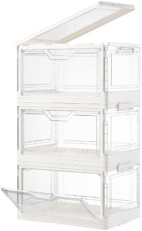 Clear Storage Bins with Lids Stackable & Durable Plastic Folding Bins for Bedroom, Living Room, Study, Bins with Magnetic Closure (3 Tier-3Lids)