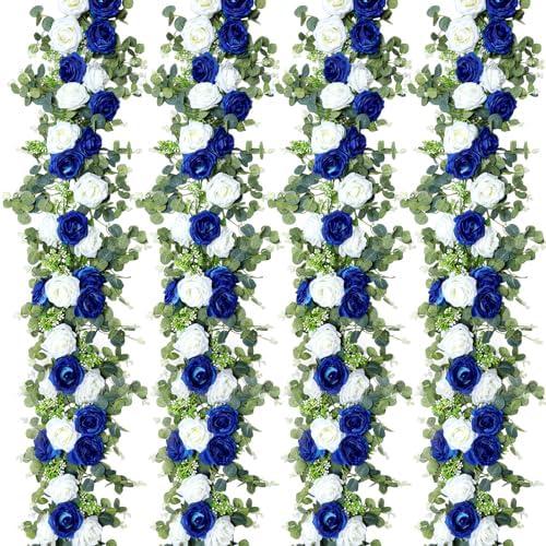 Riceshoot 4 Pack 26 ft Artificial Eucalyptus Vines Garland with Flowers Fake Floral Flower Garland Rose Wreath for Wedding Party Arch Table Decor Backdrop Decorations (Blue and White)