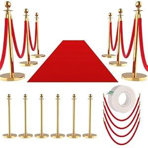 6Pcs Stanchions and Velvet Ropes with 15ft Red Carpet, Complete Crowd Control Barriers Set with 4 Red Velvet Ropes & Stainless Steel Posts for Party, Wedding, Event Supplies, Gold