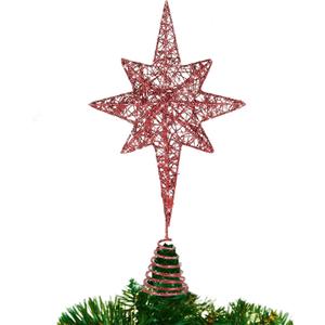 14.5 Inch Christmas Star Tree Topper Glitter Red Star Tree Topper 8 Point Star Treetop Ornament Metal Hollow Designed for Home Holiday Xmas Tree Decorations