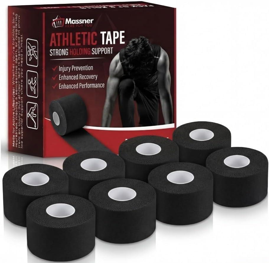 Massner Athletic Tape Black 1.5" x 45ft Per Roll (360ft Total) Pack of 8 – Strong Sports Tape for Wrists, Ankles & Hands – Latex-Free Gym Tape for Training, Football, Running & Weightlifting Recovery