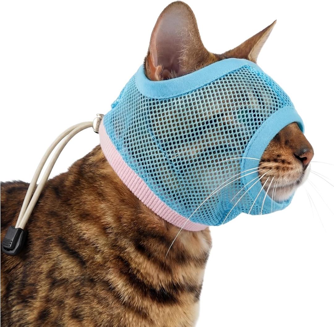 PUMYPOREITY 2 Pack Cat Calming Muzzle, Soft Breathable Mesh Cat Head Cover with Adjustable Strap, Calming & Anti-Bite Design for Grooming, Nail Trimming, Bathing and Vet Visits, Small, Blue