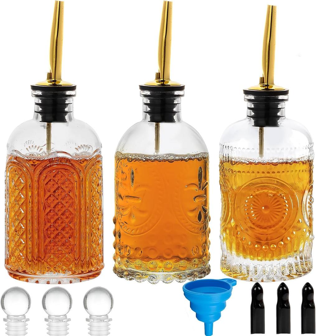 Syrup Dispenser Bottles Set of 3, Simple Syrup Bottle for Coffee Bar Accessories,7 oz Glass Coffee Syrup Containers for Maple Honey Syrup Oil, with Metal Pour Spouts, Stoppers,Condiments Dispenser (Gold)