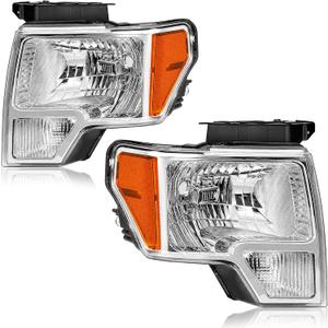Fullux Headlights for 2009-2014 Ford F150 Pickup F-150 2010 2011 2012 2013 Amber Reflector Chrome Housing
