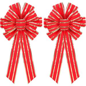 RoseCraft 2PCS Red/Gold Christmas Bow, 9x13 Large Velvet Christmas Tree Topper Bow Ornaments for Home Xmas Tree Wreath Fence Stairs Railing Fireplace Front Door Party Valentine's Day Decoration.