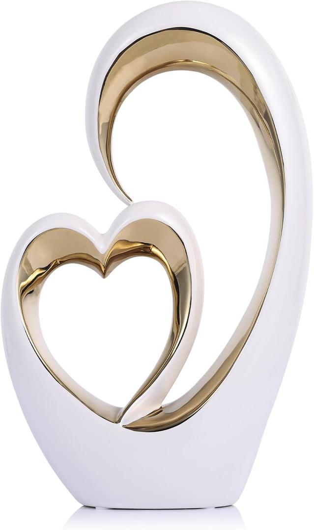 White Gold Ceramic Heart Statues - Abstract Home Sculptures for Bedroom, Wedding, Valentine Decor & Gifts for Women