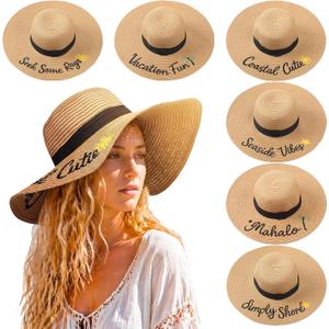 Berlune 6 Pcs Embroidered Straw Hats Wide Brim Summer UPF 50+