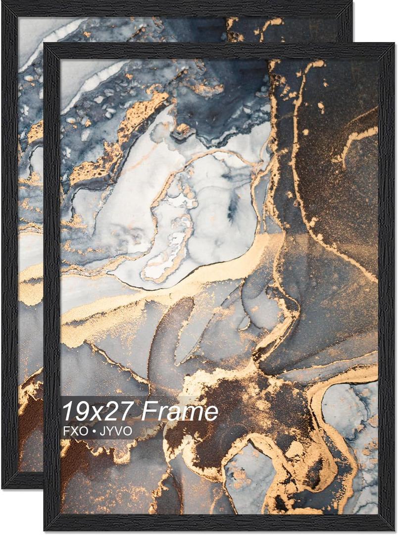 Fxojyvo Engineered Wood 19 x 27 Frame Set of 2, Black Picture Frame for 19x27 Inch Poster Puzzle Photo, Light Weight 19by27 Poster Frame with Wood-grain for Wall - 2 Pack/Black/19 x27