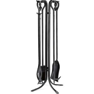 Plow & Hearth 5 Piece Hand Forged Iron Compact Fireplace Tool Set 27.5" | Black Wrought Iron Handle for Outdoor Indoor | Stand Poker Shovel Brush Log Tongs Wood Stove Accessory