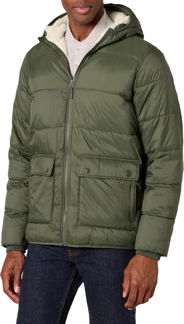 Amazon Essentials Men's Long-Sleeve Water-Resistant Sherpa-Lined Puffer Jacket (XX-Large, Dark Olive)