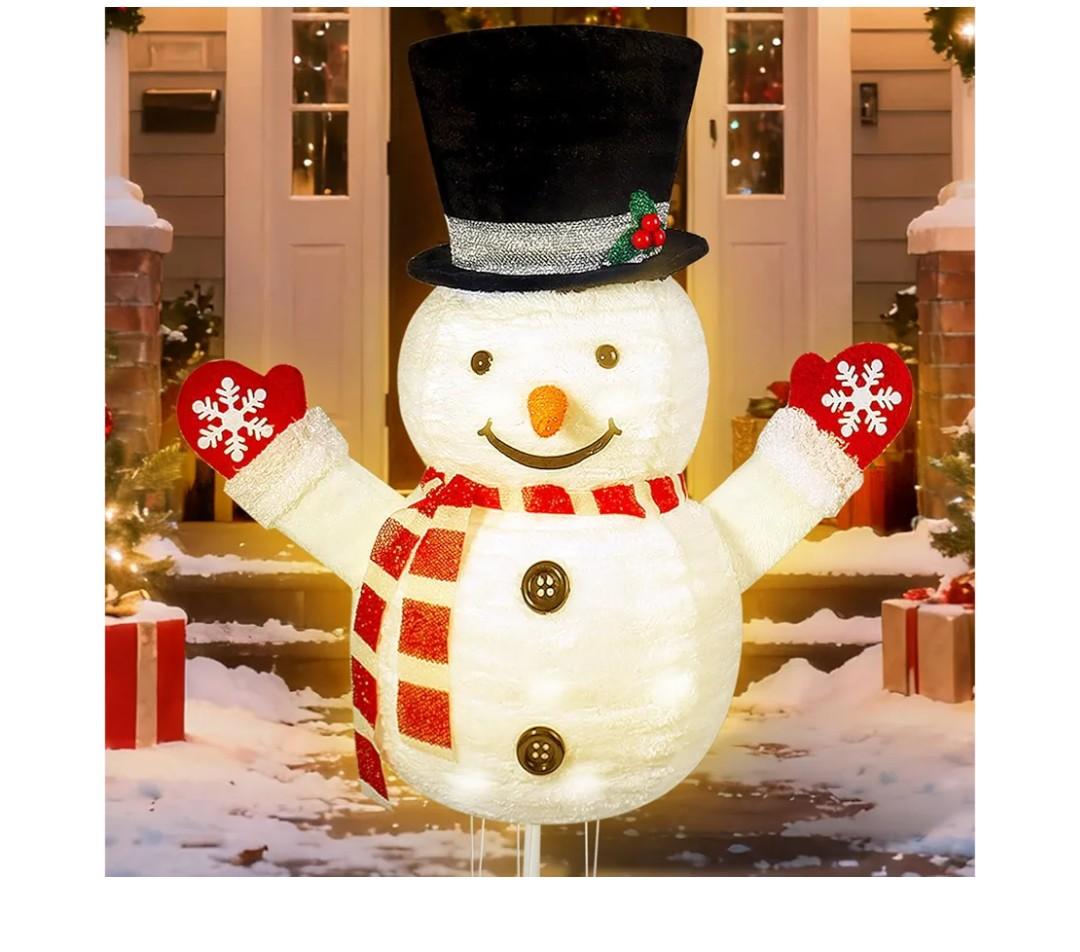 30.32 Inch Lighted Snowman Decorations, Battery Operated Christmas Lights for Porch Patio Yard, Waterproof Collapsible Xmas Decor
