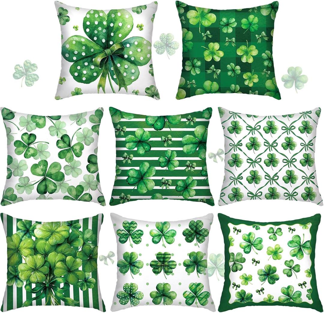 8 Pcs 18x18 Inch St. Patrick Pillow Covers St. Patrick Decor Throw Pillow Covers Set of 8 Green Irish Shamrock Decorative Couch Cushion Pillowcase Room Bedroom Sofa Holiday Decor