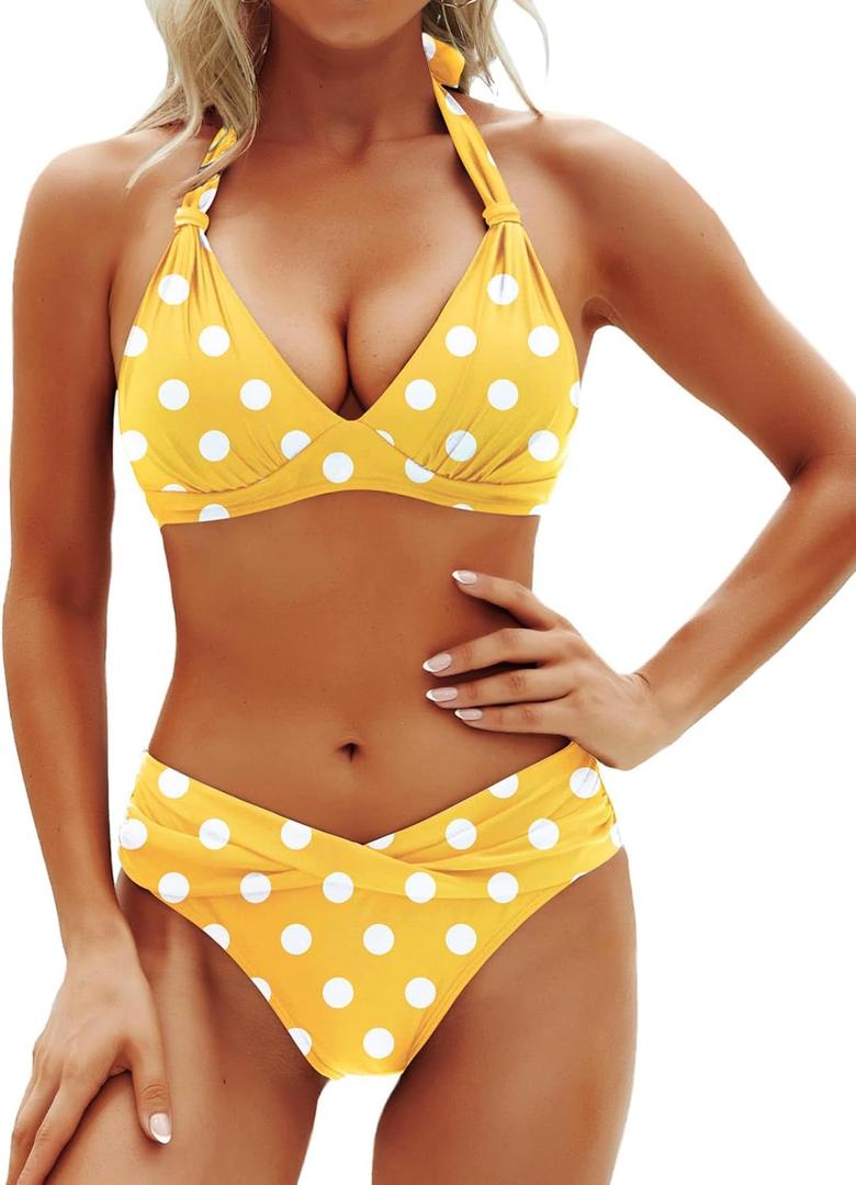 Yonique Women Two Piece Bathing Suits Push Up Bikini Set Halter Swimsuit Vintage Swimwear (X-Large, Yellow Retro Dot)
