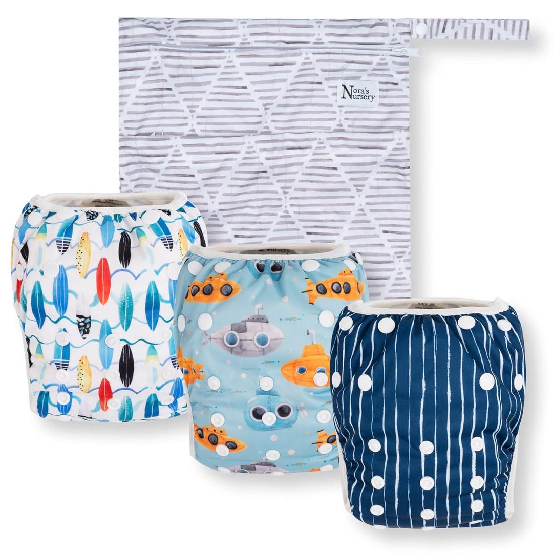 Nora's Nursery Reusable Swim Diapers and Wet Bag - One Size Fully Adjustable - Seaside Unisex 3 Pack with Wet Bag