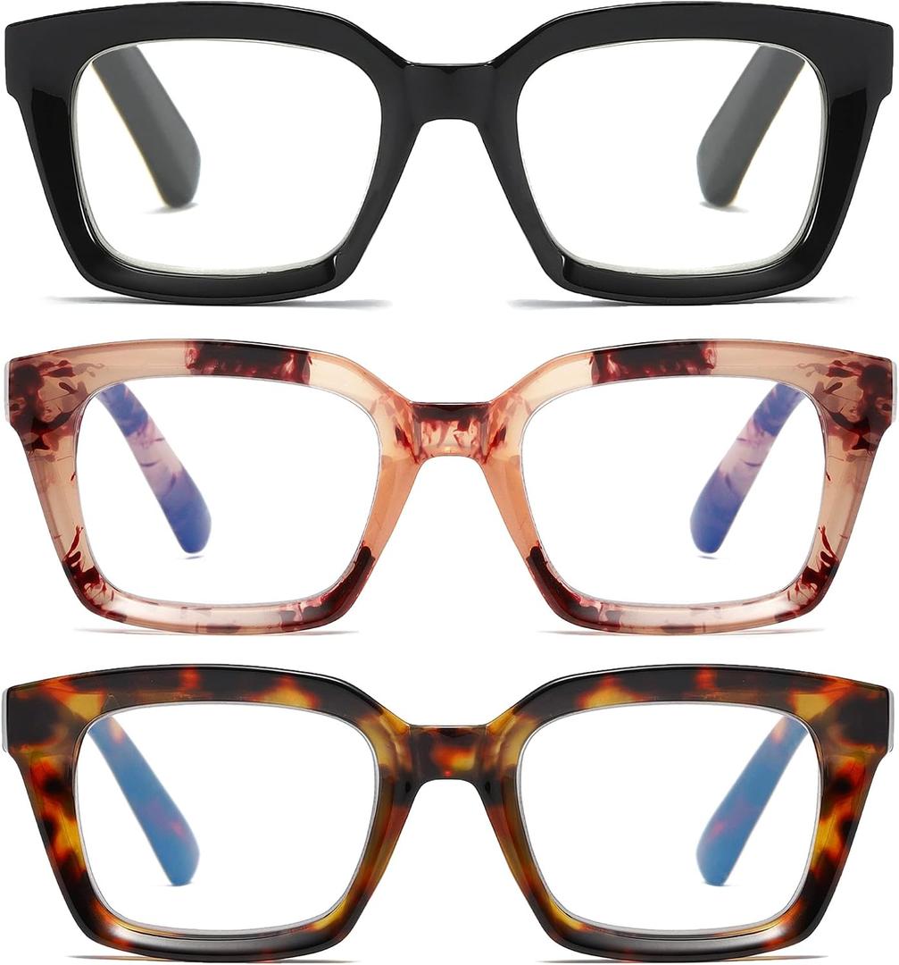 3 Pack Oversize Square Design Reading Glasses for Women, Blue Light Blocking Computer Reader, +1.50