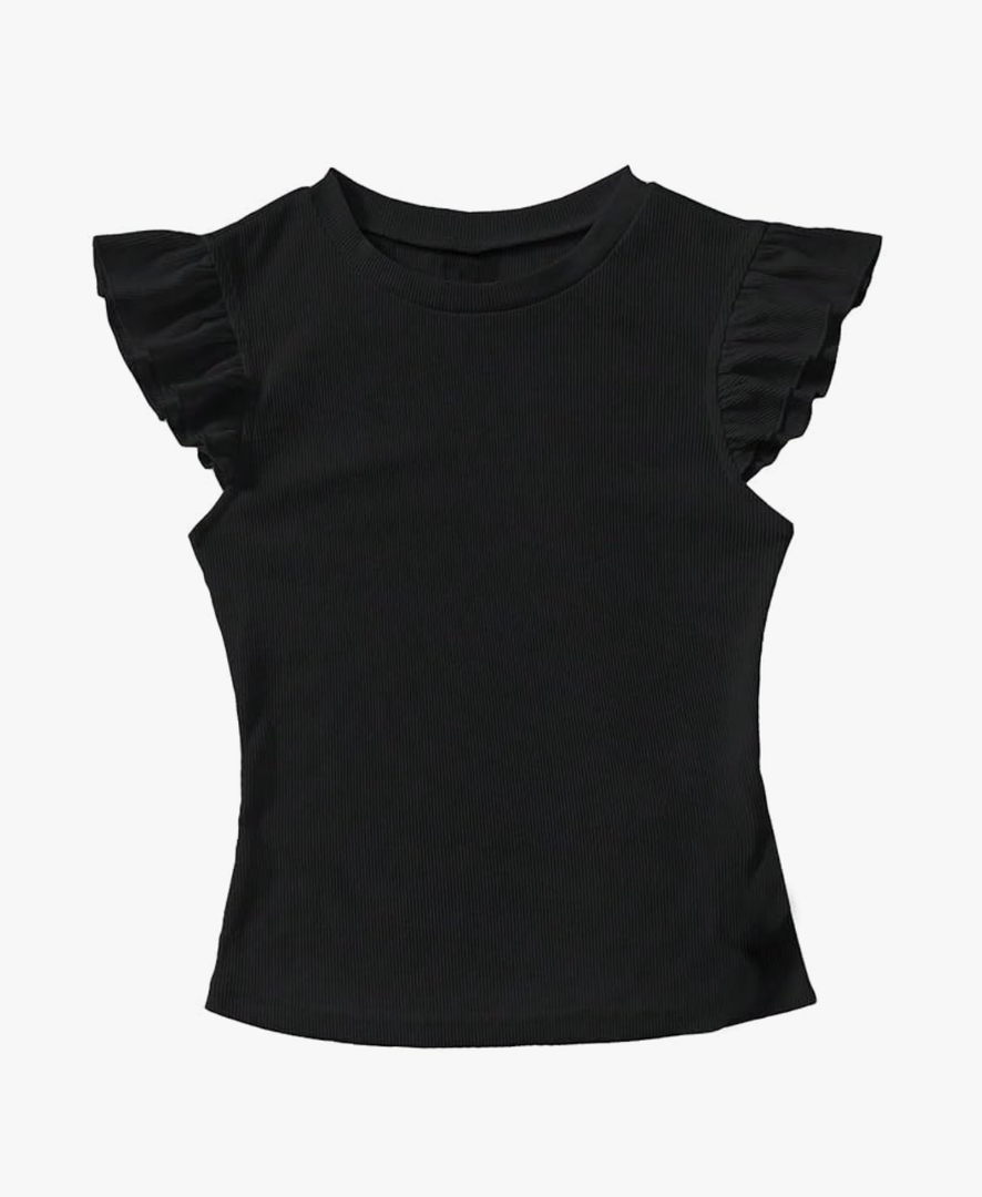 Floerns Women's Casual Ruffle Trim Cap Sleeve Round Neck Rib Knit Tee Shirt M