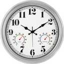 JENLYSTIME 16 Inch Silver Vintage Waterproof Indoor/Outdoor wall Clock with Thermometer & Hygrometer, Large Numerals & Silent Sweep Movement - Ideal for Porch, Garden, Pool
