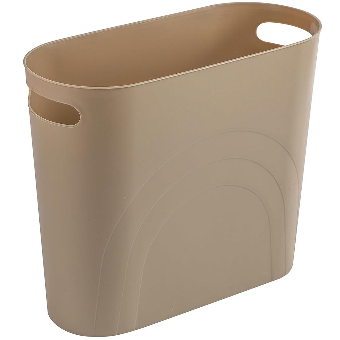rejomiik Small Trash Can, 3.5 Gallon Slim Garbage Can Plastic Waste Basket with Handles Container Bin for Narrow Spaces Bathroom, Bedroom, Kitchen, Office at Home, Khaki