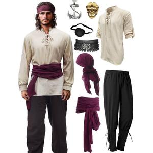 Verceco Mens Pirate Costume Outfit Renaissance Costume Men Medieval Outfit With Pirate Pants Shirts Sash Accessories 8PCS Khaki XX-Large