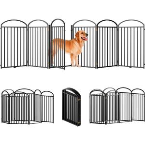 6 Panels Full Matel Freestanding Dog Gates with Door, 144"Extra Wide 36"Tall Free Standing Dog Pet Gate for Indoor & Outdoor. Foldable Pet Fences for Doorways, House, Stairs, Porch, Deck, Yard (Black)