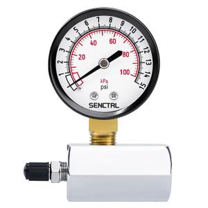SENCTRL 0-15 Psi Gas Pressure Test Gauge, 2" Dial Size, 3/4" FNPT Connection, Brass Valve, Chrome Plated Steel Body Assembly