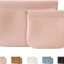 2 Pack Small Makeup Bag for Women, New Organosilicon Super Fiber Leather Mini Cosmetic Bag for Travel, Coin Purse Organizer Storage Pouch (Pink)