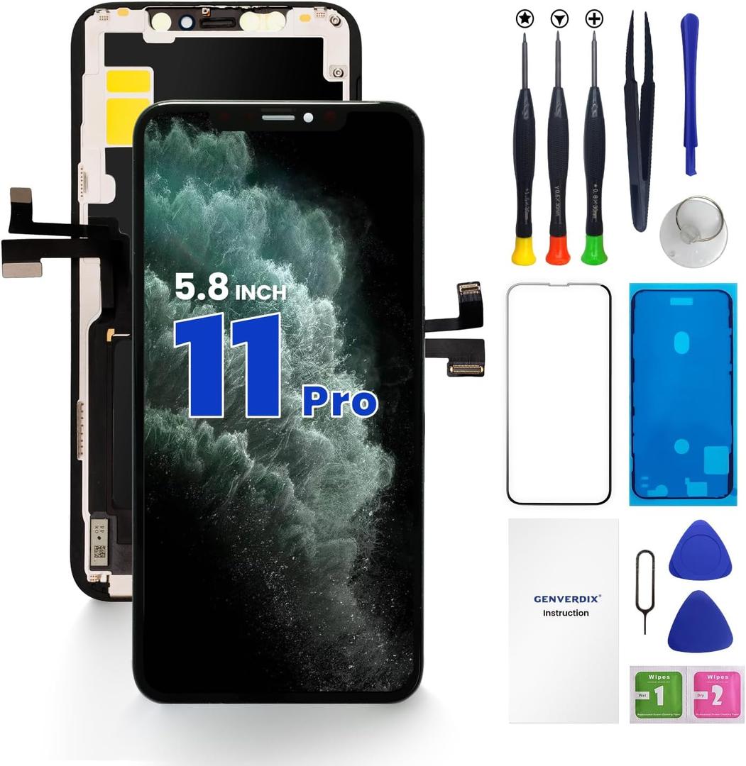 for iPhone 11 Pro Screen Replacement, 5.8 inch 3D Touch FHD Display Repair kit, Digitizer Assembly with Tools Set, Tempered Glass Screen Protector, Waterproof Frame Adhesive