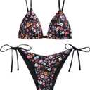 ZAFUL Women's Triangle Bikini Floral String Bikini Set Two Piece Swimsuit Bathing Suits (2-black Flower), S
