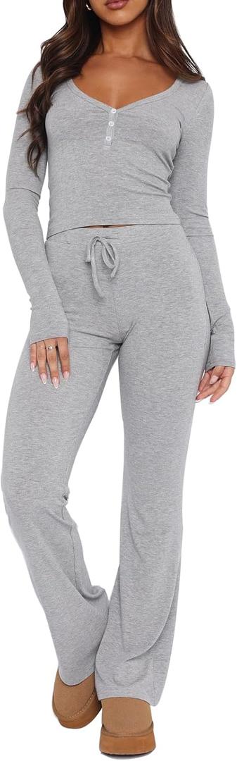 Ezbelle Women's Lounge Sets 2 Piece Outfits Long Sleeve Crop Button Down V Neck Shirt Knit Pajama Pant Fall Clothes (Medium, Grey)