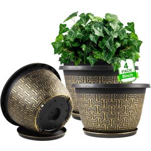 8 Inch Plant Pots, 4 Pack Flower Pot Outdoor with Drainage Holes & Trays, Retro Antique Imitation Decorative Garden Plastic Planters Pots for Plants Indoor Sets for Houseplants (Gold 4-pack)