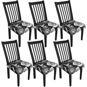 Stretch Dining Chair Seat Covers Set of 6,Dining Chair Slipcovers, Floral Printed Chair Covers,Soft Fabric Washable Upholstered Chair Seat Protector, No Rear Covers for Home Kitchen Dining Room (Black Base White Rose)