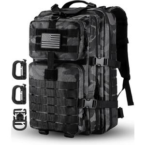 Hannibal Tactical MOLLE Assault Pack, Tactical Backpack Military Army Camping Rucksack, 3-Day Pack Trip w/ USA Flag Patch, D-Rings, Black Camo, 40L