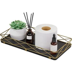 Lixple Toilet Paper Basket Holder, 13" Toilet Tank Tray, Wood and Metal Toilet Tray Vanity Organizer Bathroom Tray, Kitchen Sink Organizer for Soap Dispenser (Black + Gold)
