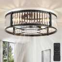 20 Inch Fandelier Ceiling Fan with Light, Crystal Chandelier Ceiling Fans, Caged Ceiling Fan with 6-Speeds, 1/2/4/8H Timer, Quiet DC Motor, Black Flush Mount Ceiling Fans for Bedroom, Living Room