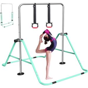 FBSPORT Gymnastics Bar for Kids, Adjustable Height Gymnastic Horizontal Bars,Junior Training Bar Children Folding Training Monkey Bars for Home Using (Green)