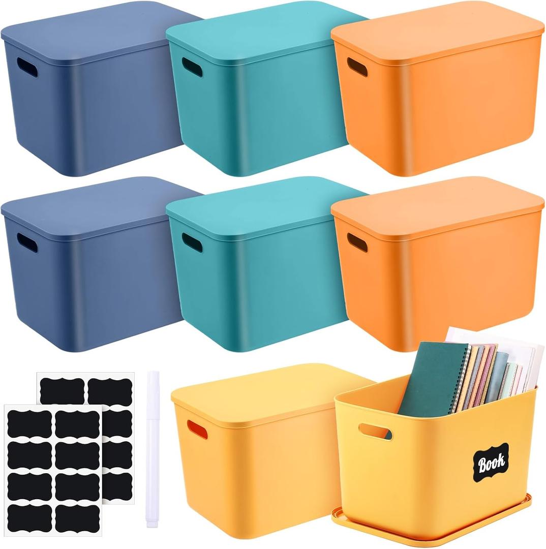 Tanlade 8 Pcs Plastic Storage Bins Stackable Baskets with Lid and Handle Colorful Desktop Storage Box Cubby Containers for Shelf Bedroom Office, Include 1 Erasable Marker, 16 Stickers (14 x 10 x 9 In)