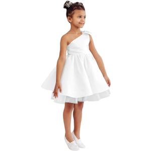 Toddler Wedding Guest Party Dress Short One-Shoulder Flower Girl Tutu Dresses for Formal Graduation Party White Satin Tulle Princess Pageant First Communion Dress for Girls Bow-Knot 06 (White, XS)