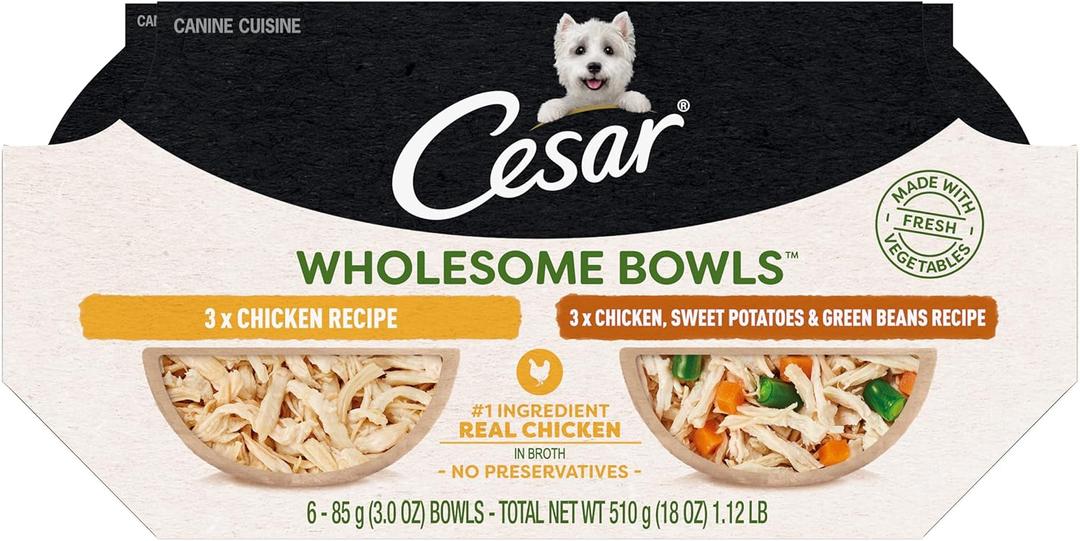 Cesar Wholesome Bowls Adult Wet Dog Food, Chicken Recipe and Chicken, Sweet Potatoes & Green Beans Recipe Variety Pack, Wet Food for Dogs, 3 Oz. Bowls, 6 Count (EXP 02/05/28)