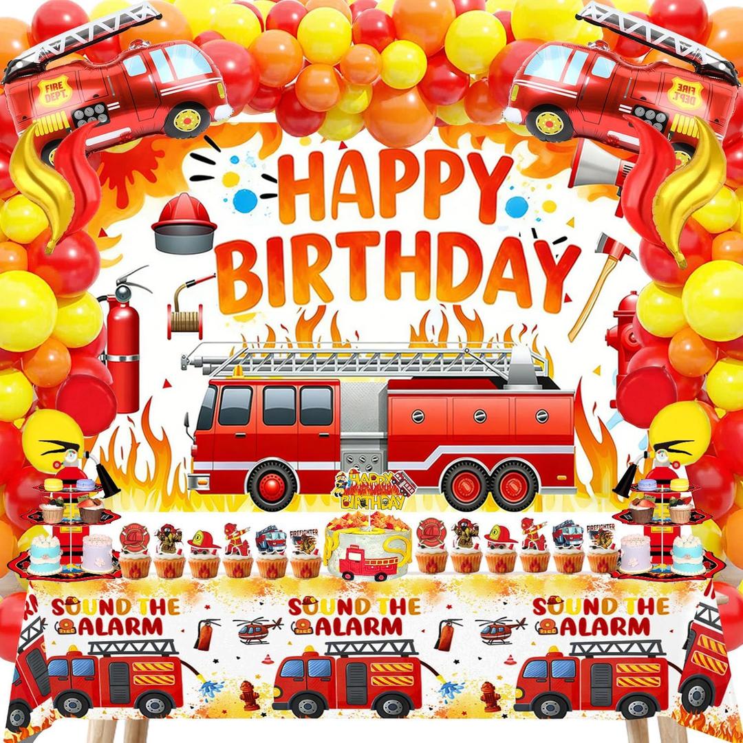 Fire Truck Birthday Party Decorations Kit 69Pcs Set with Backdrop, Table Cover, Fire Truck & Flame Foil Balloons, Cake Toppers, Latex Balloons for Kids Firefighter Rescue Party