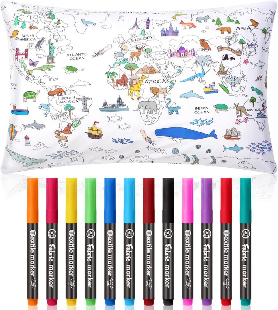 Coloring Craft Coloring Pillowcase World Map Pillowcase with 12 Pcs Markers Pens for Decoration Supplies Craft, 28.7 x 19.7 Inch