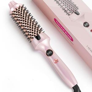 Thermal Hair Brush for Blowout Look, 1.5 Inch Heated Round Brush for Natural Curl, Ionic Curling Iron Wand with Dual Voltage, Volumizing Smoothing Hot Round Brushes, Light Pink