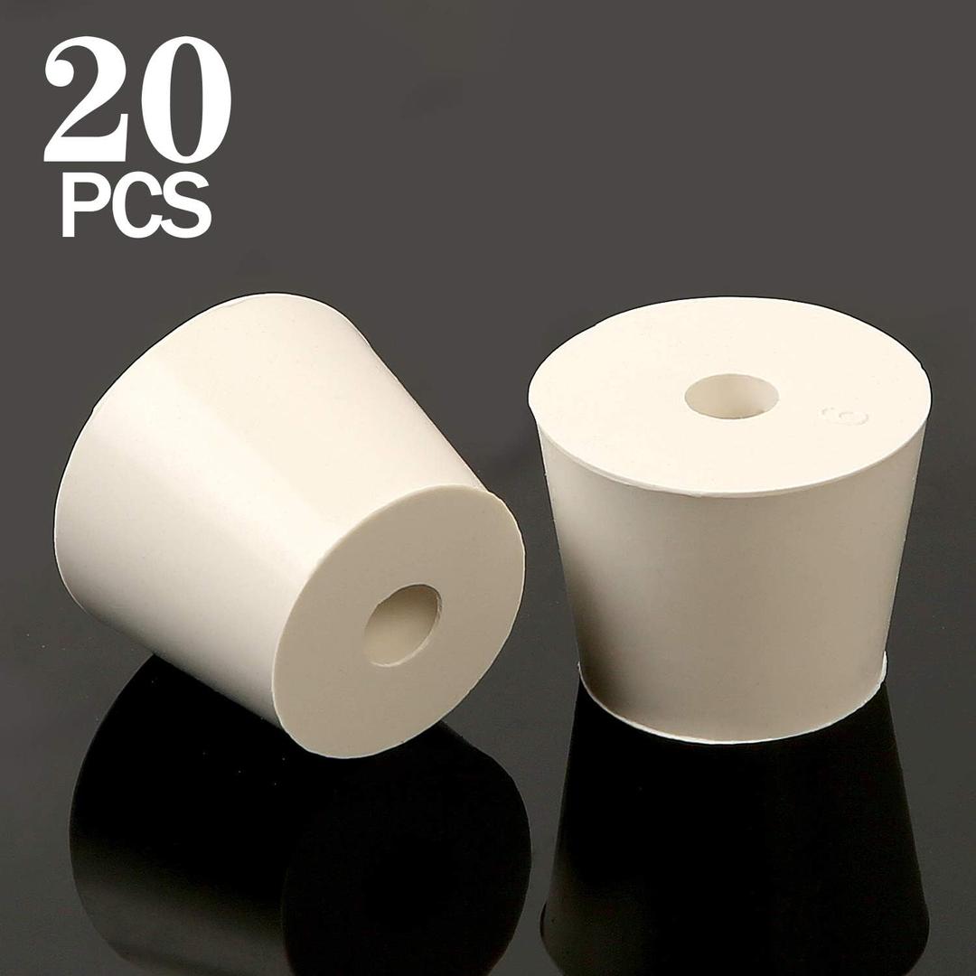 KEILEOHO 20 PCS Drilled Natural Rubber Stopper # 6, Durable Drilled Rubber Stopper with 5/16 Inch Diameter Holes Works with 1 gallon glass jug, White